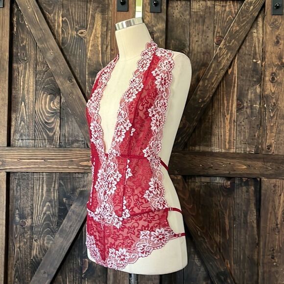 Wine Red Lace Deep V-Neck Teddy lingerie XL - Picture 6 of 10